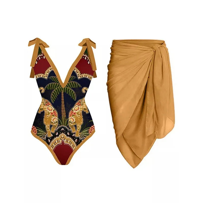 Women's solid colour one-piece swimsuit with spaghetti straps and a removable matching skirt.