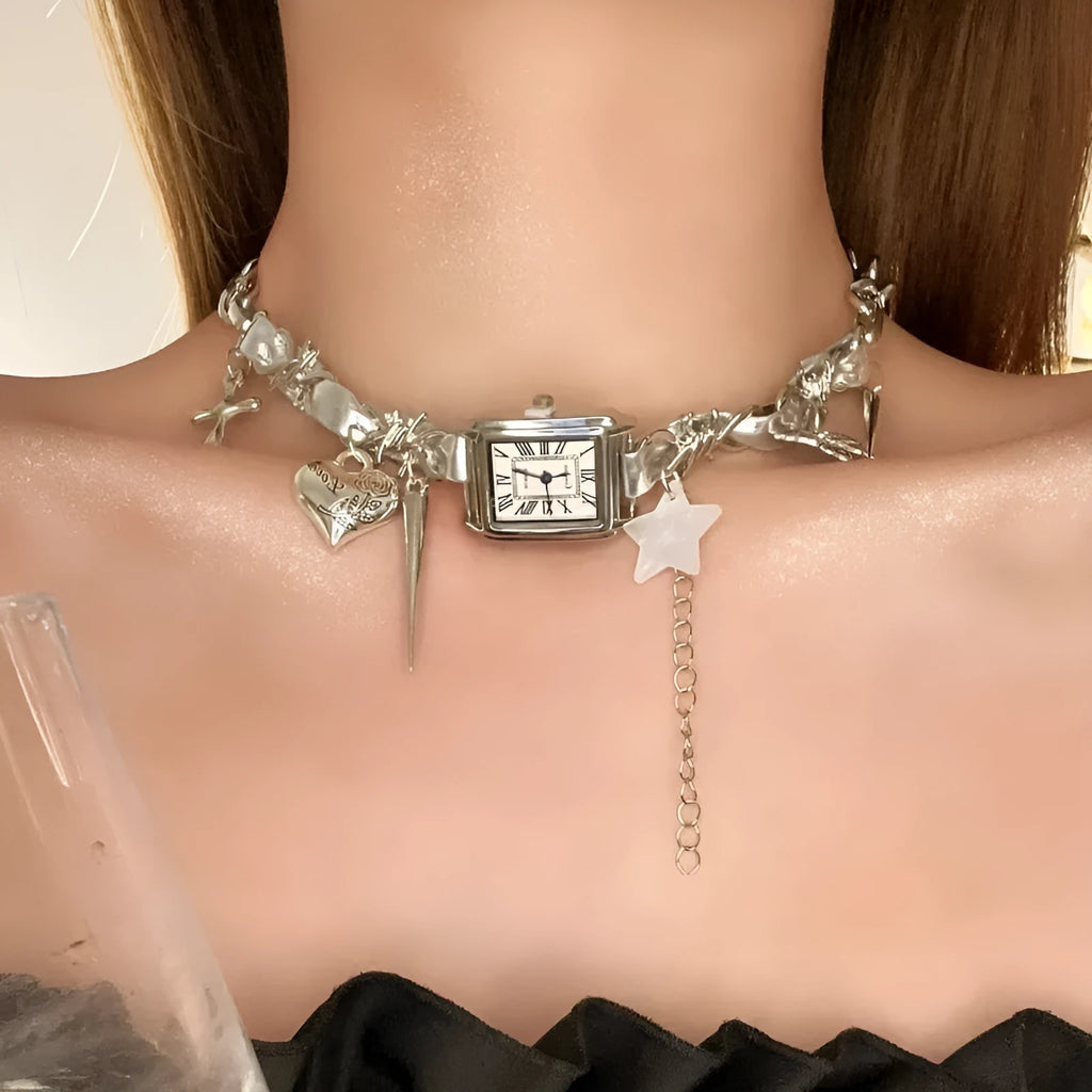 Dark style multi-layer cross necklace with twin chains and hemp flower links