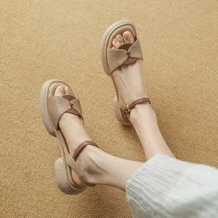 Women's chunky heel platform open toe sandals in khaki colour with renewable leather upper