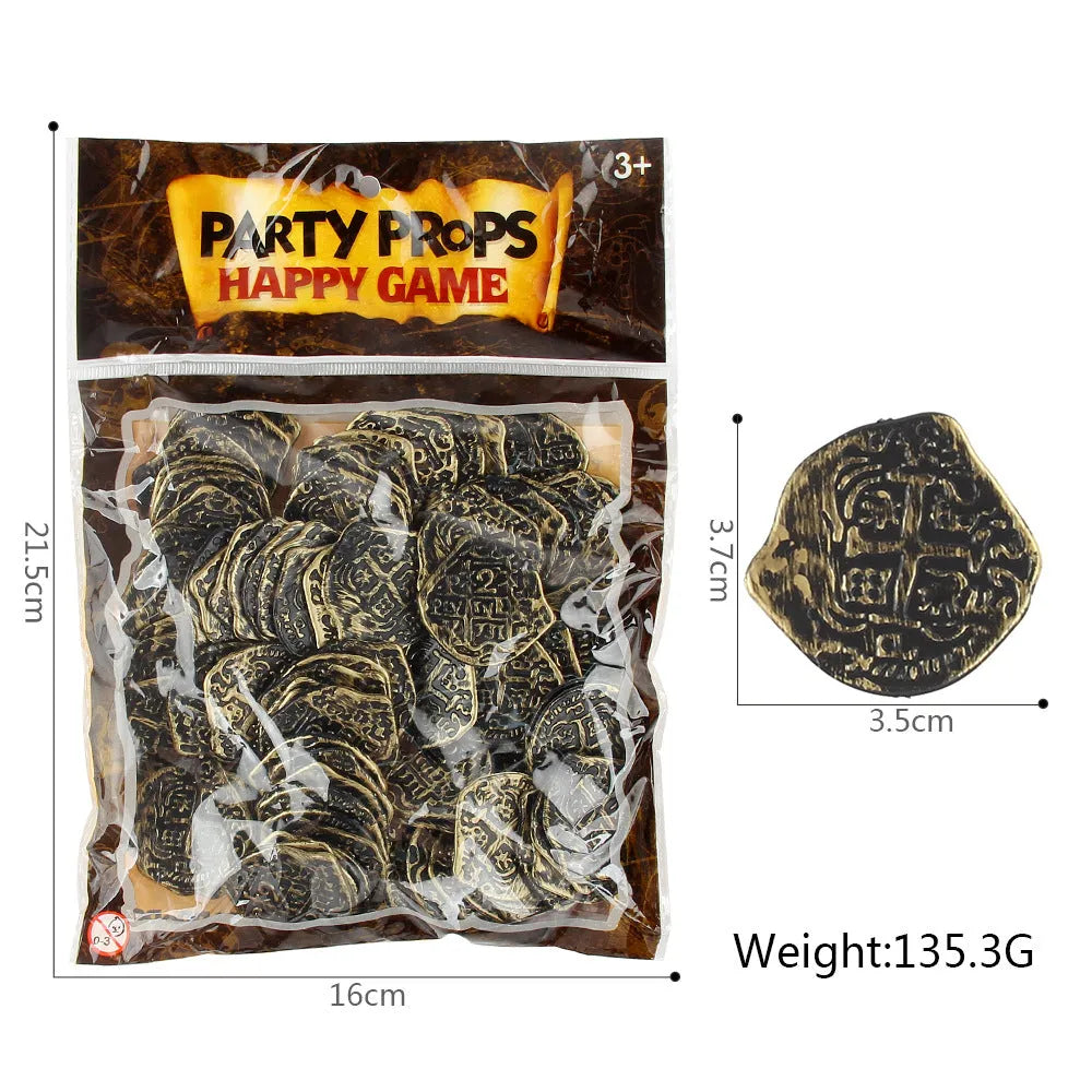 Doli set of 100 plastic Roman pirate coins in bronze, gold, and silver electroplated finishes.
