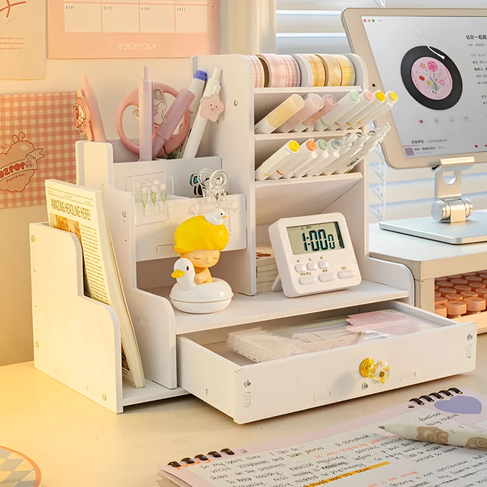 White plastic oblique insertion pen holder storage box with 10 slanted slots on a desktop.