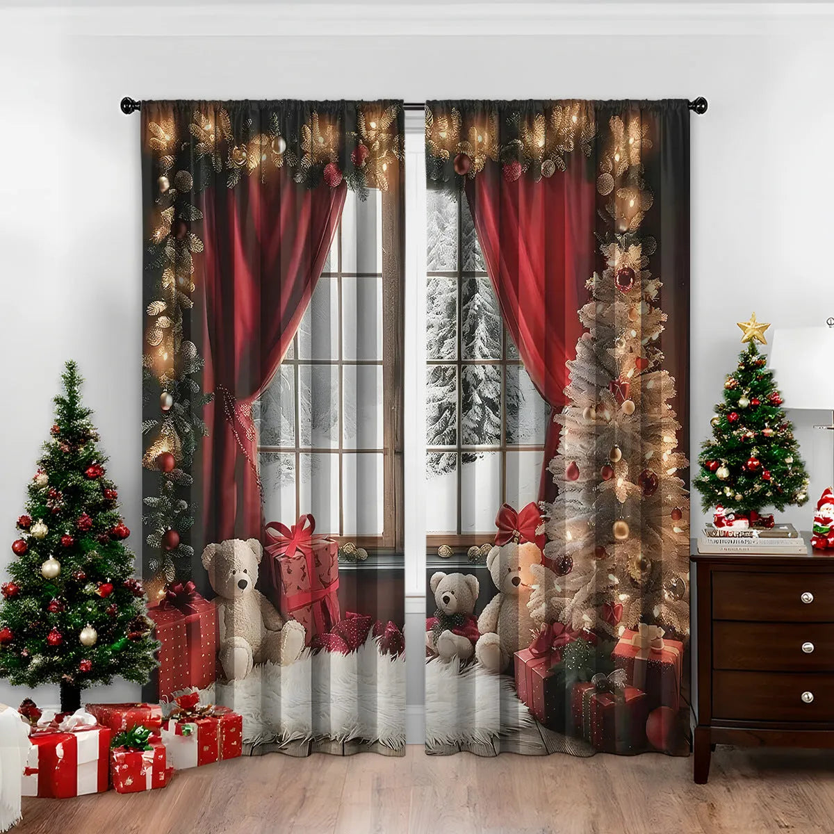 Pair of 3D digitally printed Christmas theme curtains made from polyester fabric, showing detailed pattern.