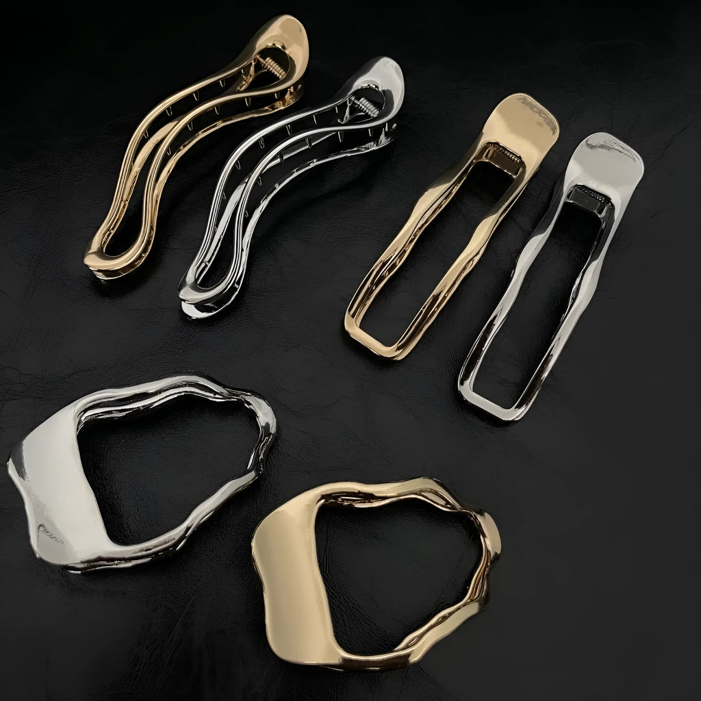 Women's zinc alloy hair barrettes in gold and silver with square, arc and triangle shapes