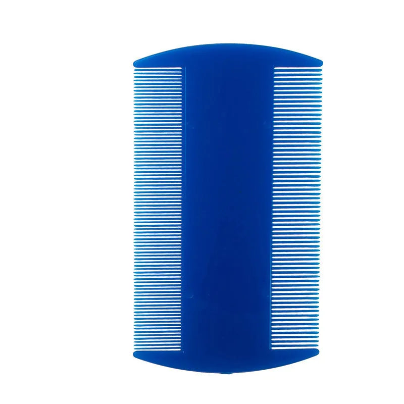 Double-edged fine-toothed plastic flea and lice comb in assorted colours on a white background.