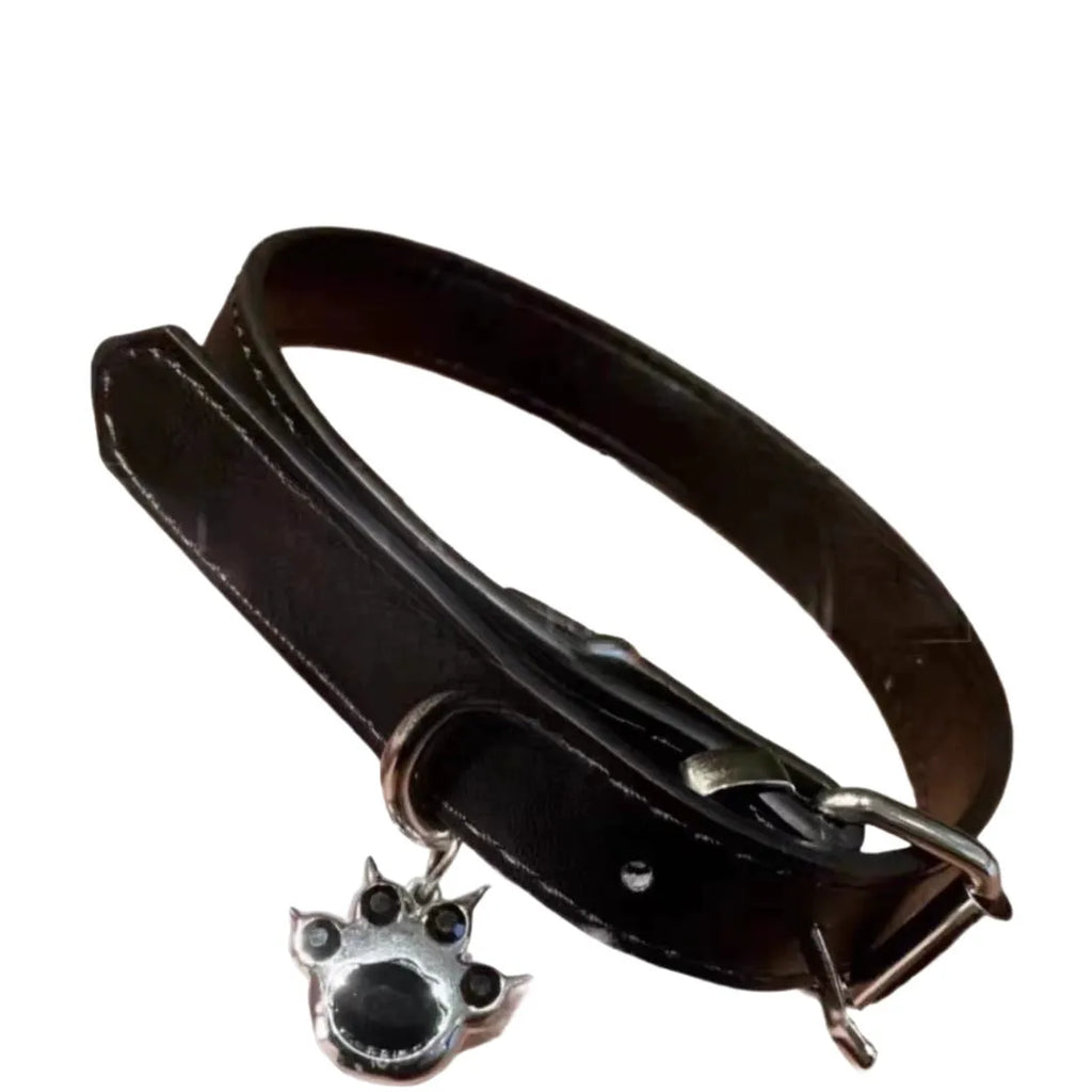Black adjustable dog collar for small pets with choice of LD leather, cute bone, or cat paw metal charm designs.