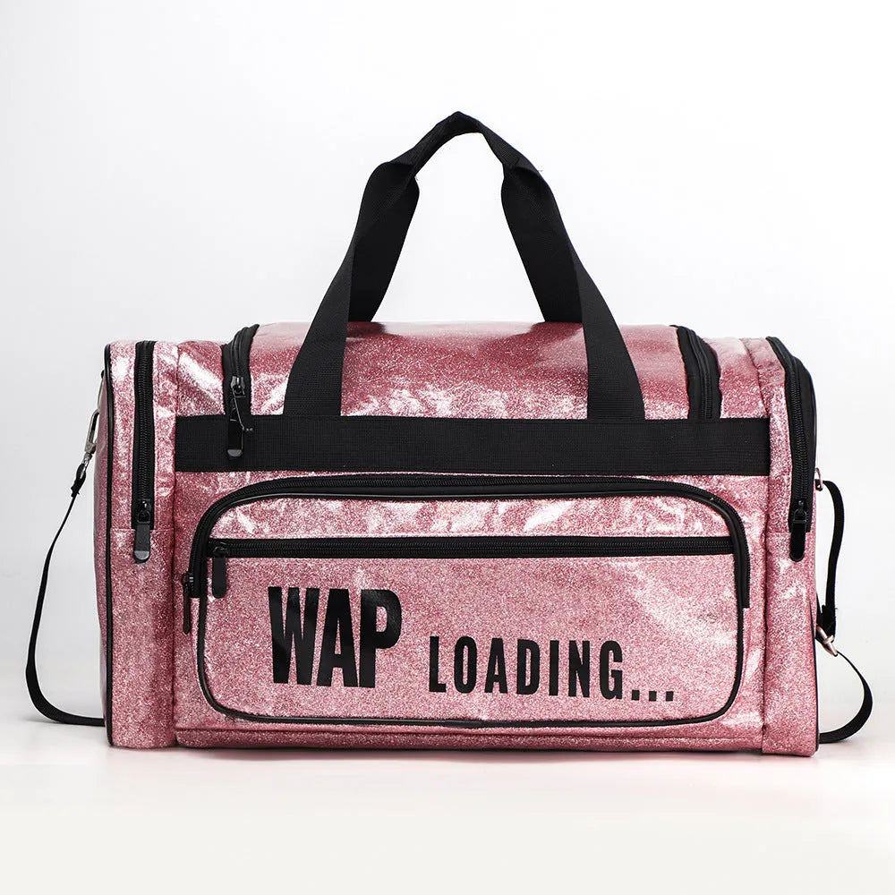 Large silver PU leather yoga sports handbag with letter design and multiple compartments