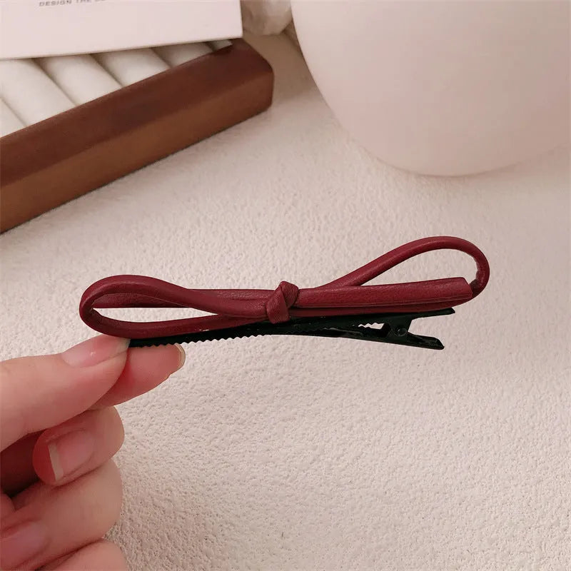 Wine red leather bow hair barrettes for women's hair styling accessories