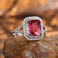 Women's copper square ring with red finish and princess-cut rhinestones on geometric band