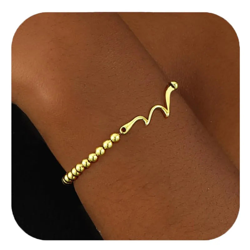 Adjustable stainless steel beaded bracelet in a geometric design with round beads