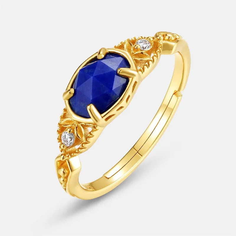Geometric ellipse lapis lazuli ring in silver alloy with Japanese style design on model hand