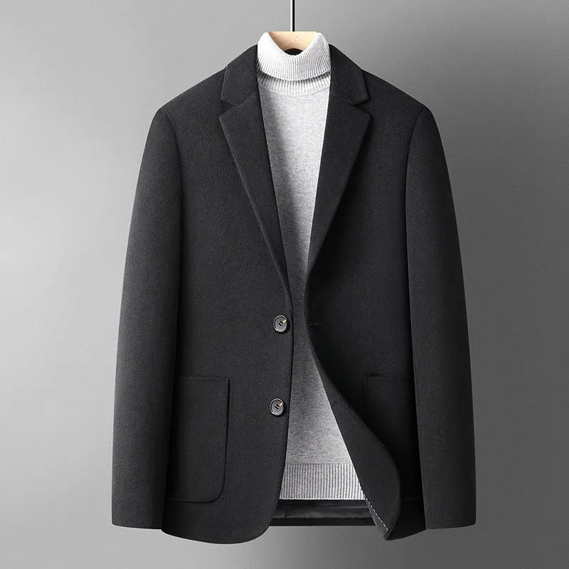 Men's slim fit wool suit jacket in grey, shown on a hanger, suitable for autumn and winter.