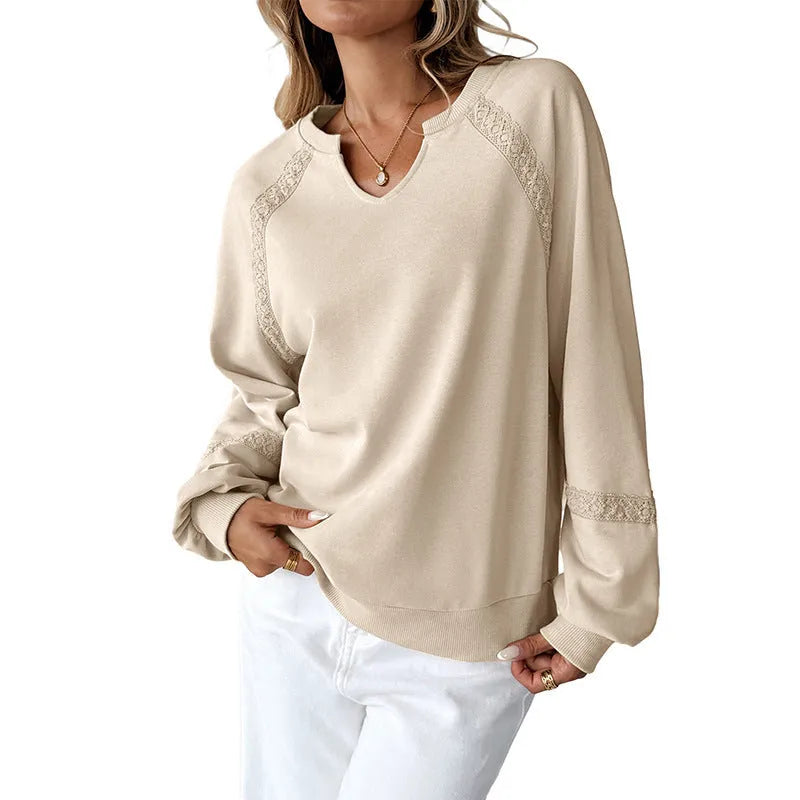 Women's loose fit half-open collar sweater with lace stitching in solid colours