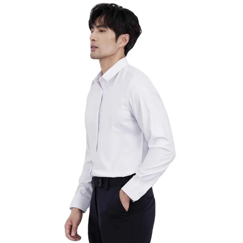 Men's slim fit business shirt in wine red colour with long sleeves and non-ironing polyester blend fabric