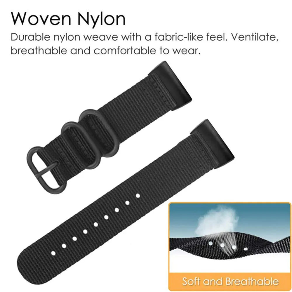 Army Green nylon replacement strap with three-ring buckle for Fitbit Charge 3 and Charge 4 fitness trackers.