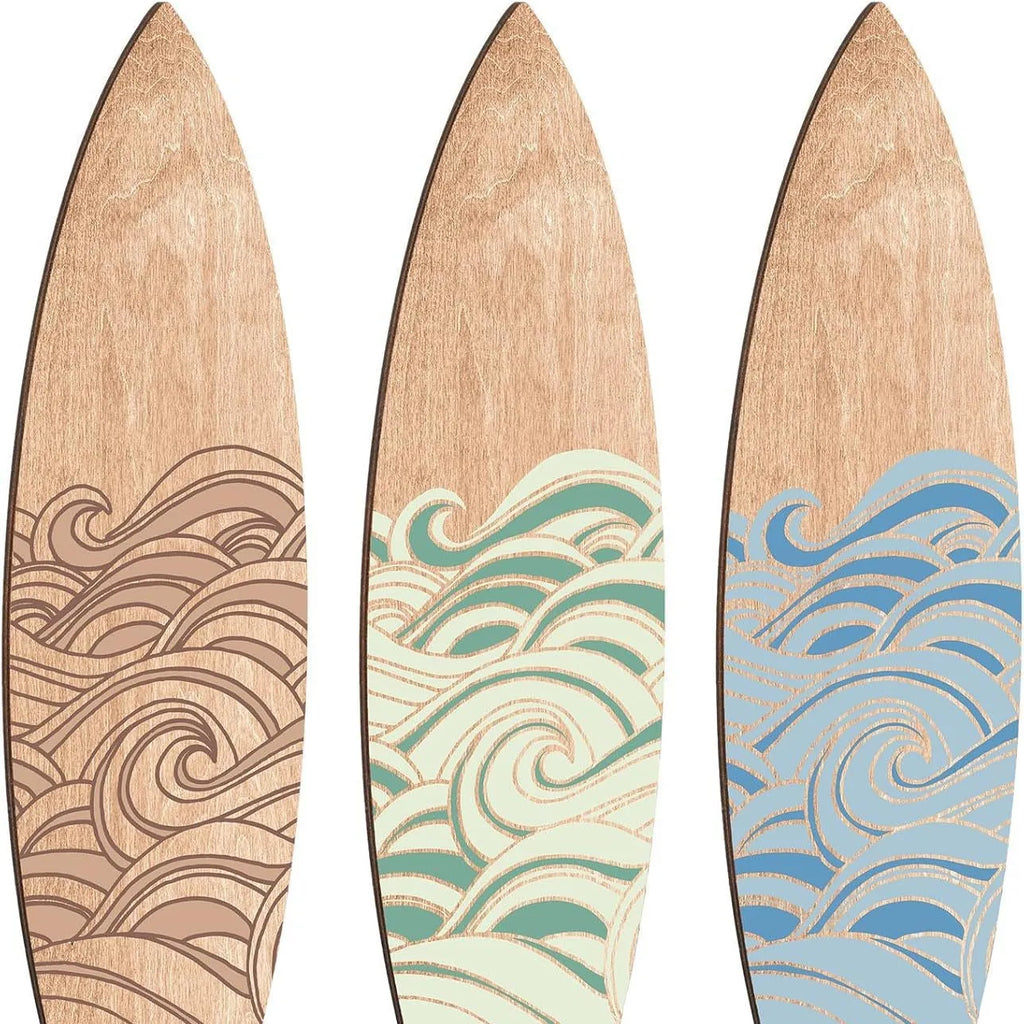 Three identical wooden surfboard-shaped wall decorations made from boxwood on a plain background.