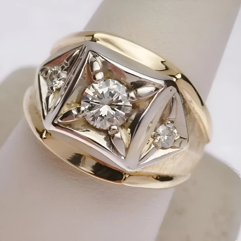 Geometric hollow gold colour copper couple ring showing chamfered square pattern detail.