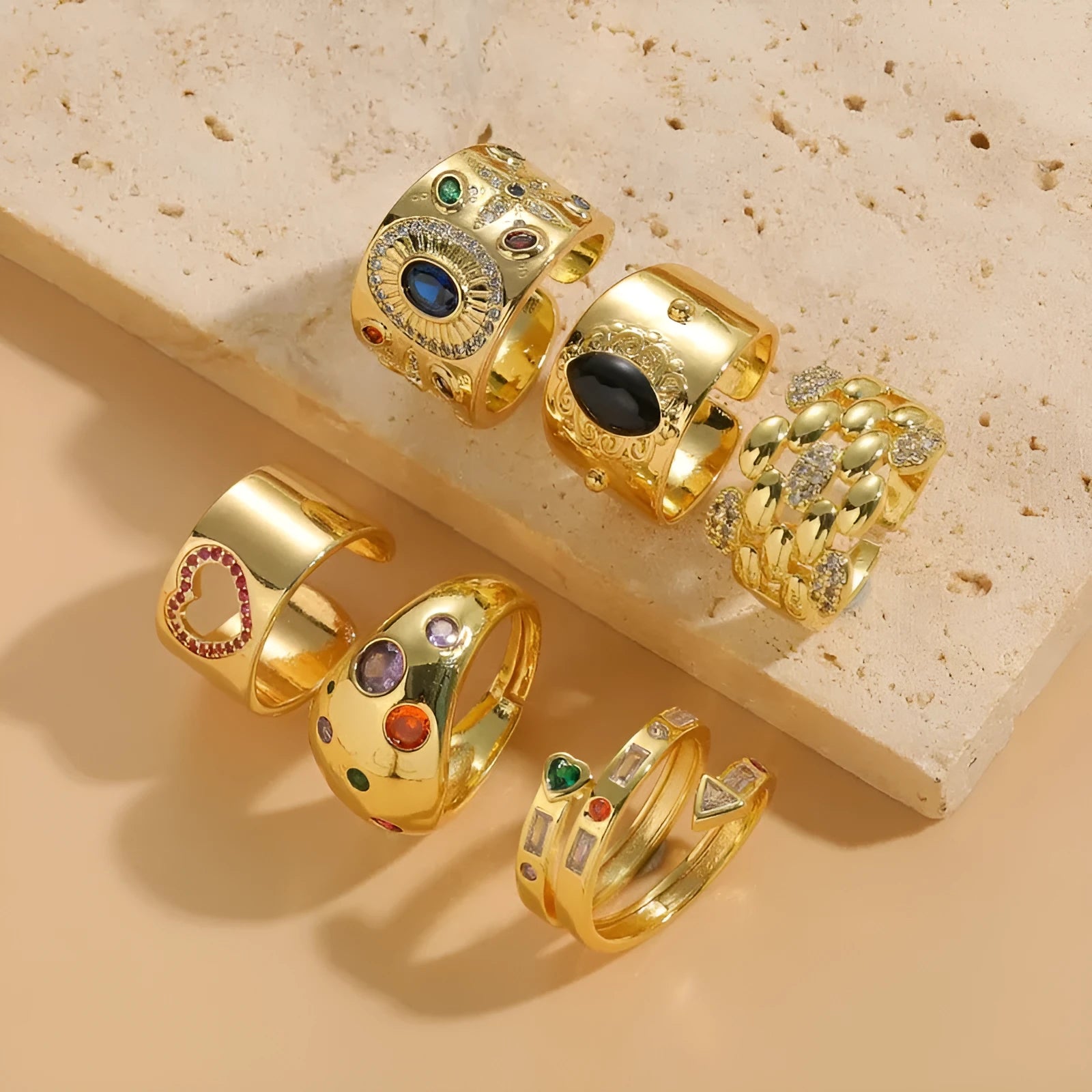 Close-up of a geometric copper ring with a black electroplated zircon stone, Chinese vintage style.