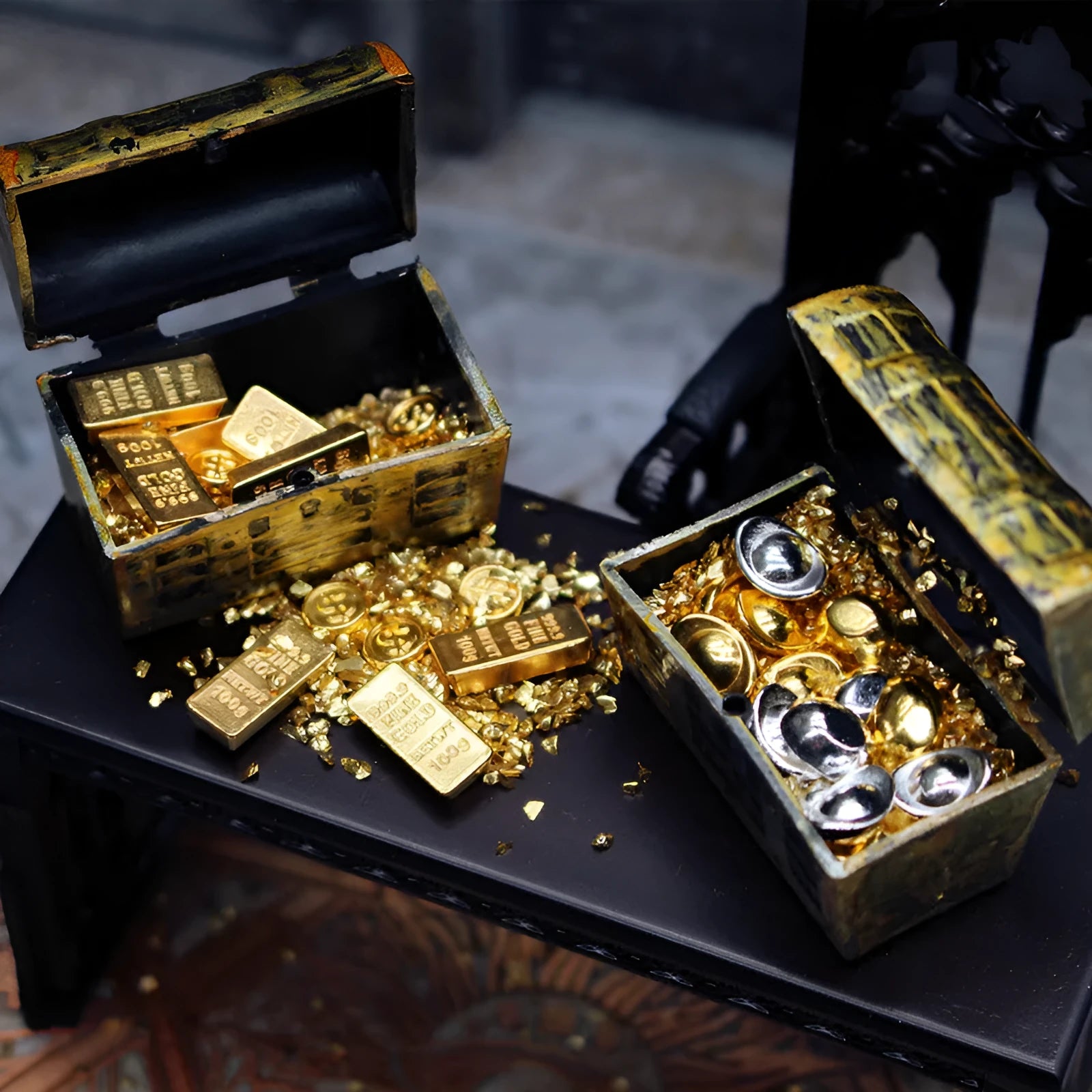 Alloy miniature gold coin treasure box with gold bars and ingots for doll house accessories