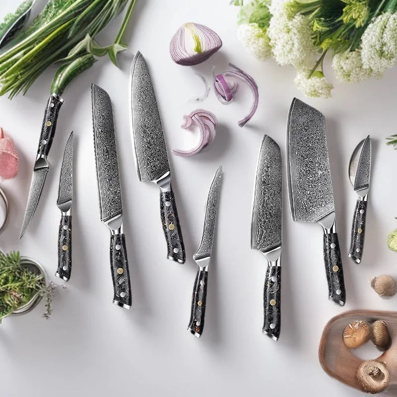 67-layer Damascus steel kitchen knife set with fishbone pattern showing eight different blade sizes and types