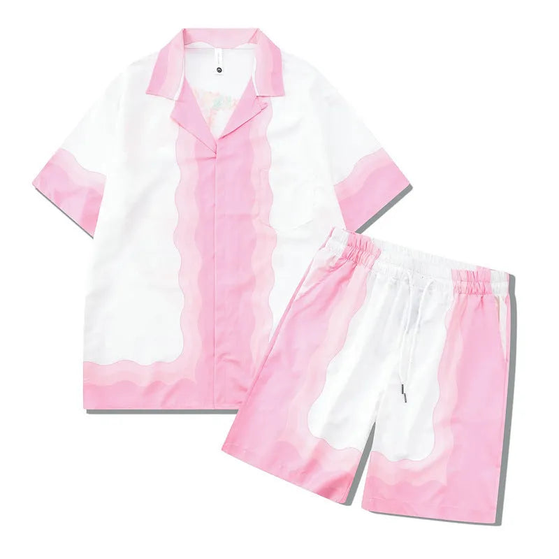 Men's plaid pattern beach outfit set with short sleeve shirt and matching trousers
