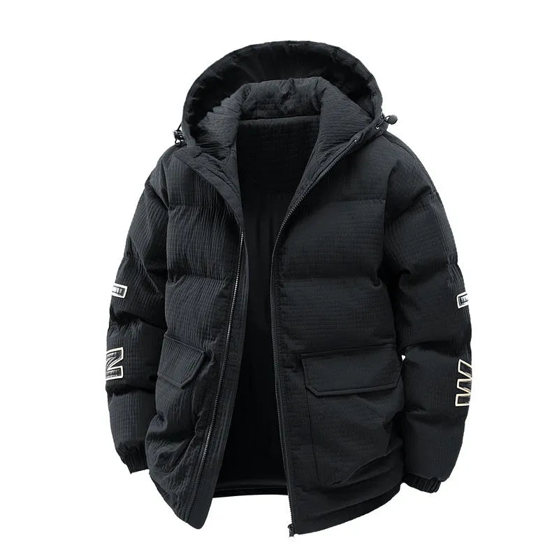 Men's black padded hooded coat with white letter print, side pockets, Korean style cardigan design