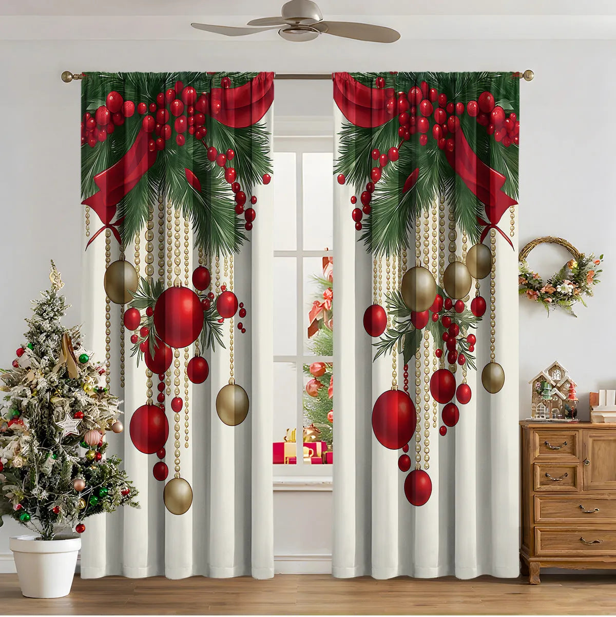 Set of two red and green 3D digitally printed Christmas theme curtains hanging on a window.
