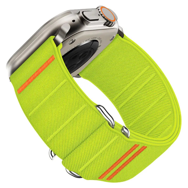 Elastic nylon Apple Watch band with stainless steel buckle in Army Green colour