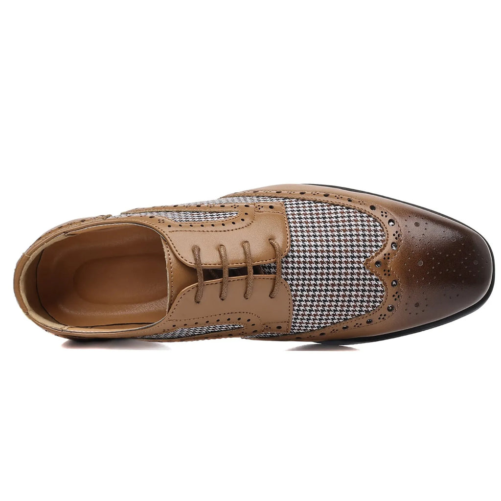Men's black houndstooth plaid casual leather shoes with canvas upper, square toe, and lace-up front.