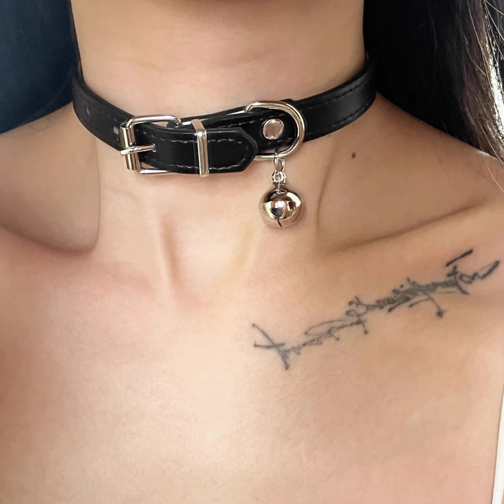 Black adjustable dog collar for small pets with choice of LD leather, cute bone, or cat paw metal charm designs.