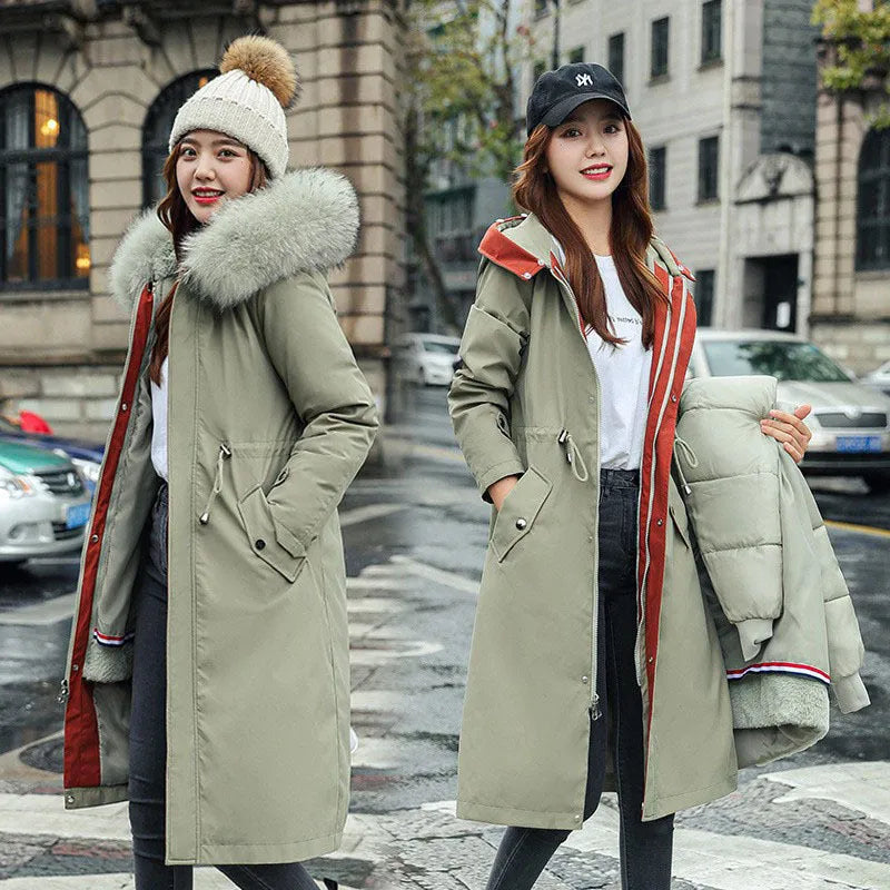 Women's long white cotton-padded fleece trench coat with a 100cm length and long sleeves.