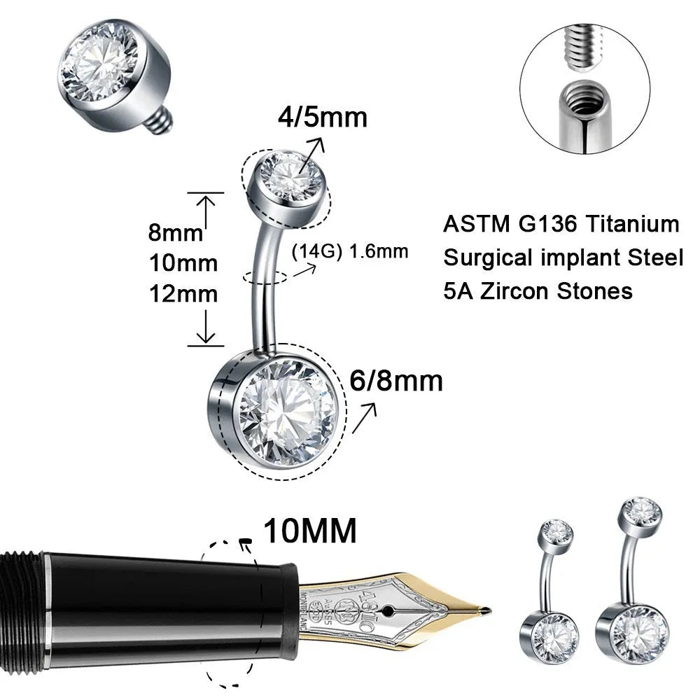 Titanium alloy double-headed zircon navel stud with internal thread in multiple colour options
