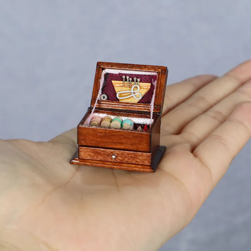 Miniature wooden sewing kit with European style accessories in birch wood