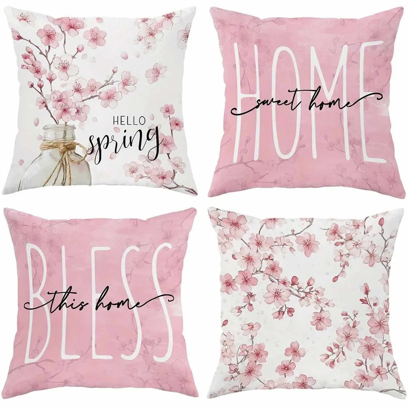 Short velvet square cushion cover with cherry blossom letter print, shown in one of four colour options.