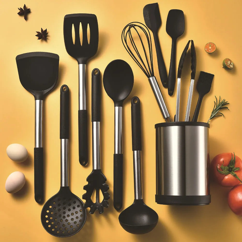 Silicone kitchenware 12 piece set with utensils and rotating storage bucket in black, grey, or khaki