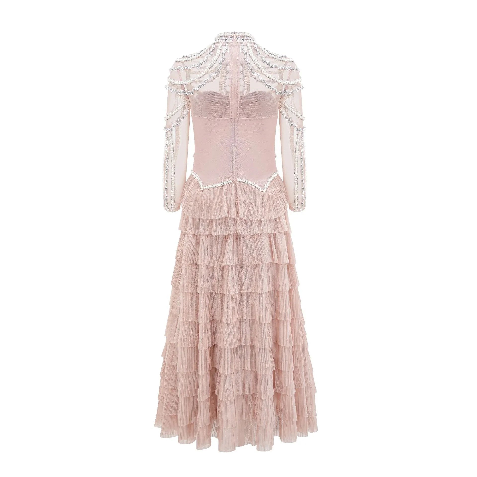 Black and pink women's long sleeve dress with beaded decoration on the front.