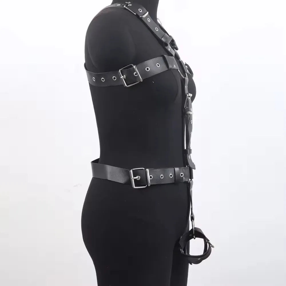 Black leather shapewear belt with thin width and pin buckle closure on plain background