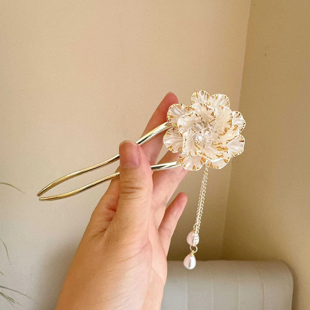 Purple and white peony flower tassel U-shaped hairpin with electroplated alloy construction