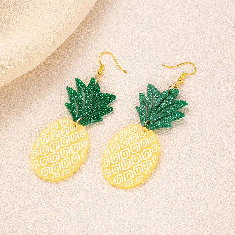 Acrylic drop earrings with coconut and jackfruit design on an alloy hook, shown in multiple colour styles.
