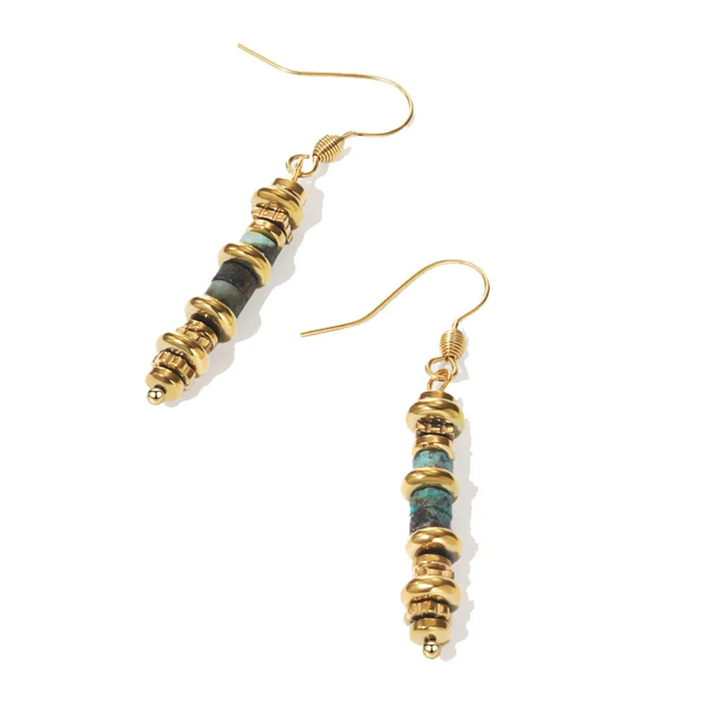 Pair of silver geometric-shaped titanium steel dangle earrings with an 18K gold finish.