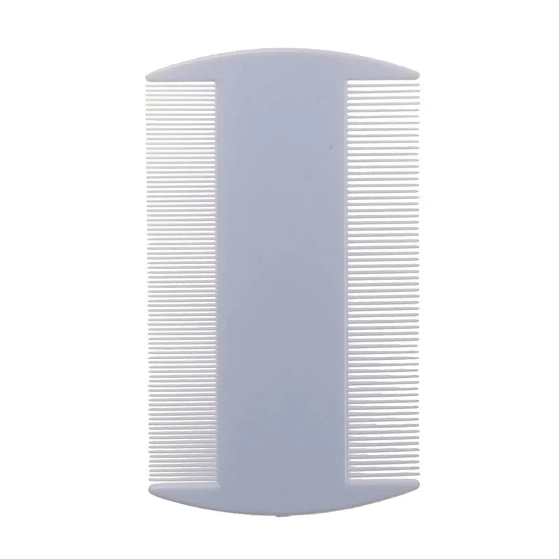 Double-edged fine-toothed plastic flea and lice comb in assorted colours on a white background.