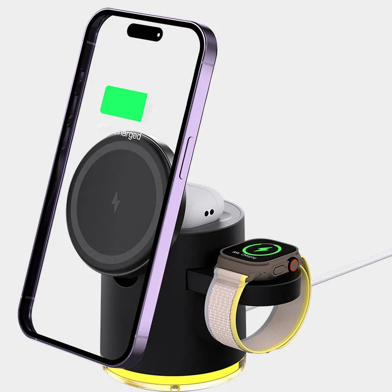 C16 ivory white and black magnetic folding wireless charger for phone, watch, and earphones.