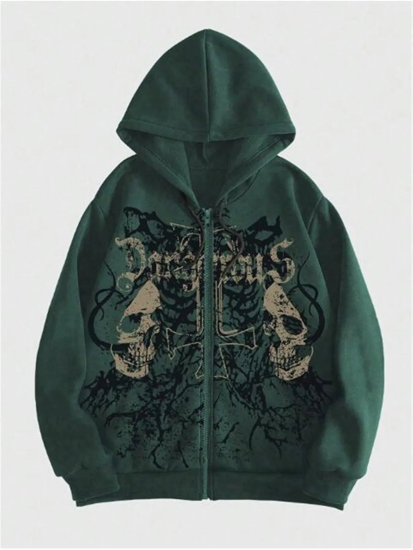 Men's black hooded sweatshirt with skull print pattern on cotton blend fabric