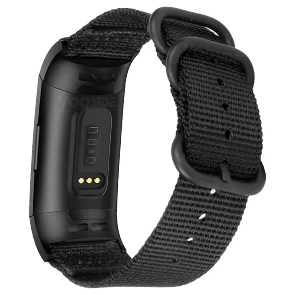 Army Green nylon replacement strap with three-ring buckle for Fitbit Charge 3 and Charge 4 fitness trackers.