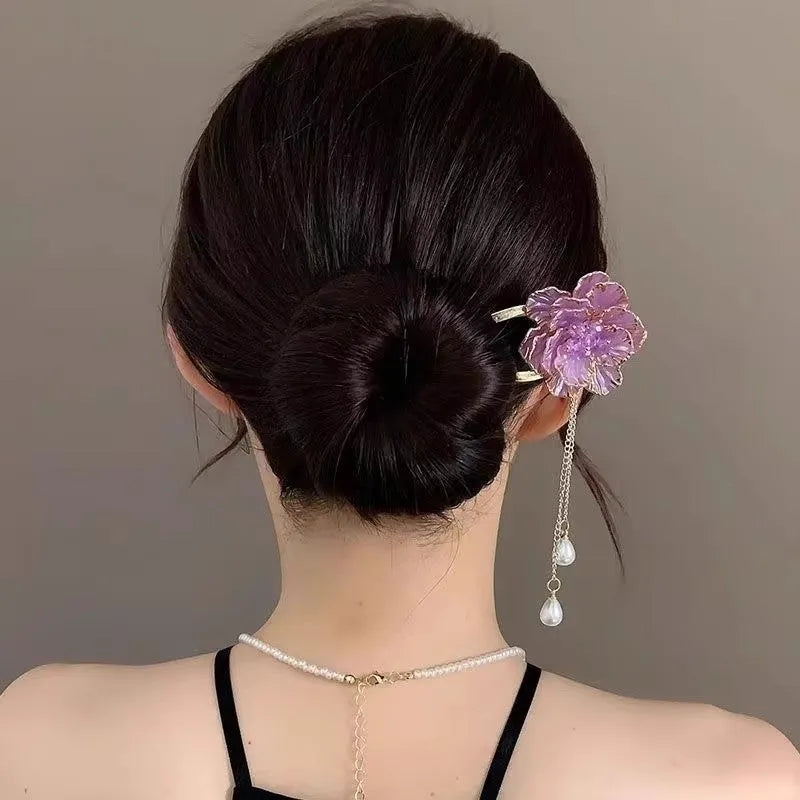 Purple and white peony flower tassel U-shaped hairpin with electroplated alloy construction