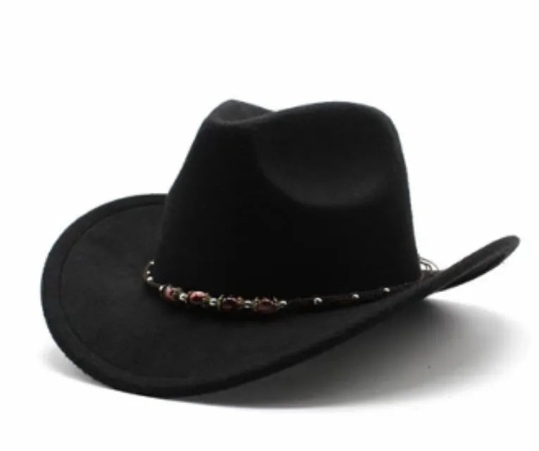 Brown leather velvet curved edge Western cowboy hat with a conical crown.