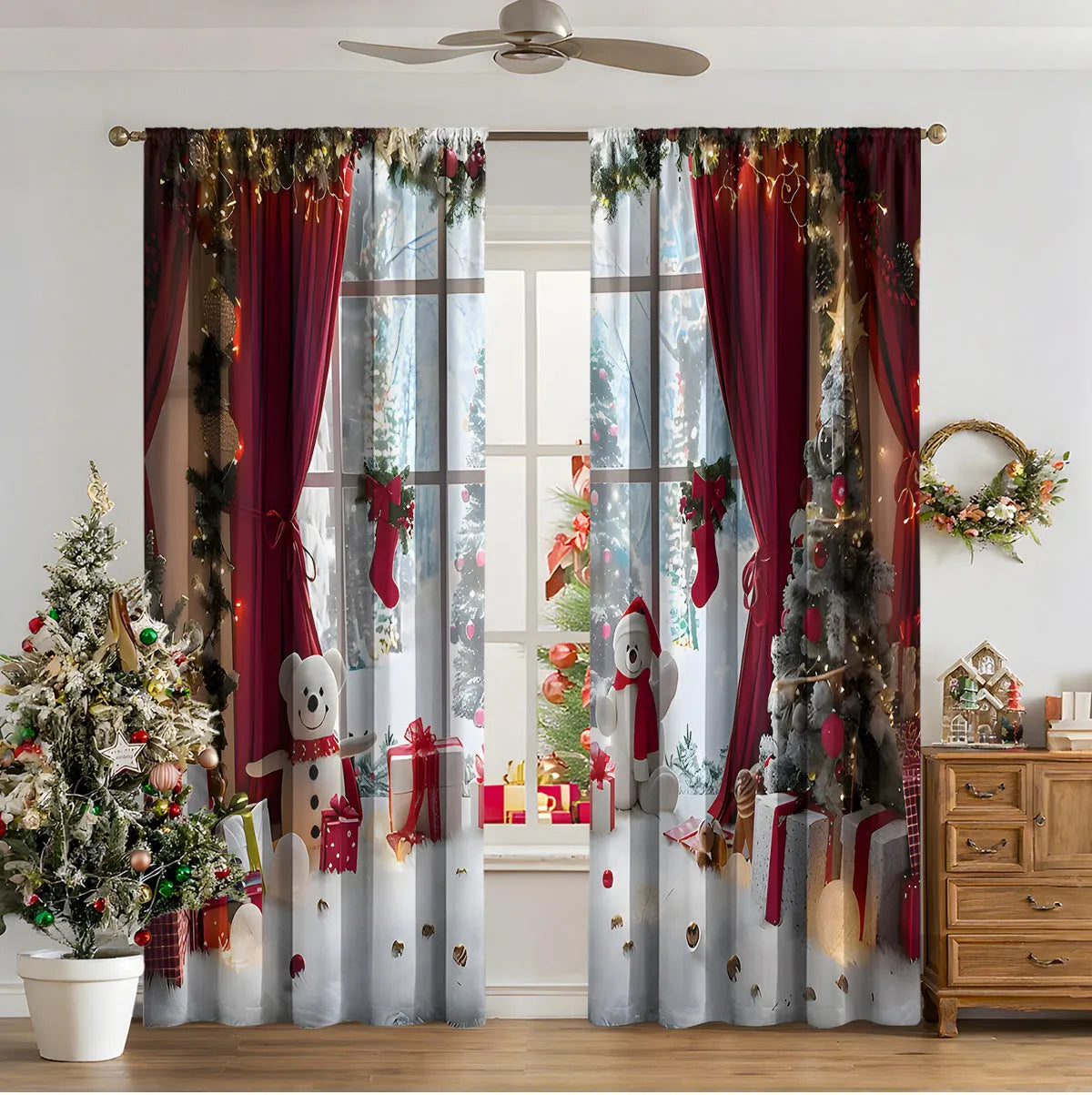 Set of two red and green 3D digitally printed Christmas theme curtains hanging on a window.