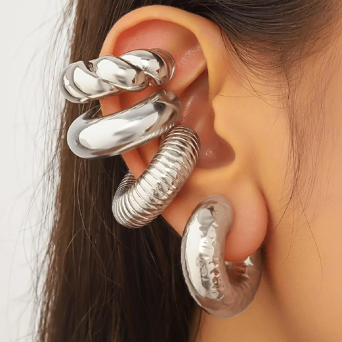 Gold geometric clip earrings set of four pieces for women without pierced ears