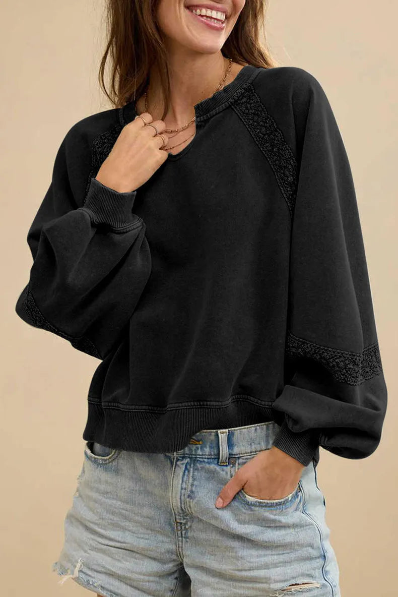 Women's loose fit half-open collar sweater with lace stitching in solid colours