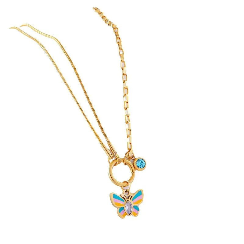Gold epoxy butterfly pendant necklace and bracelet set with titanium steel snake bones chain