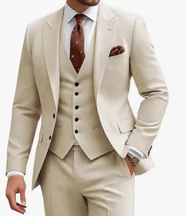 Men's slim-fit three-piece suit in chemical fibre blend fabric available in multiple colours